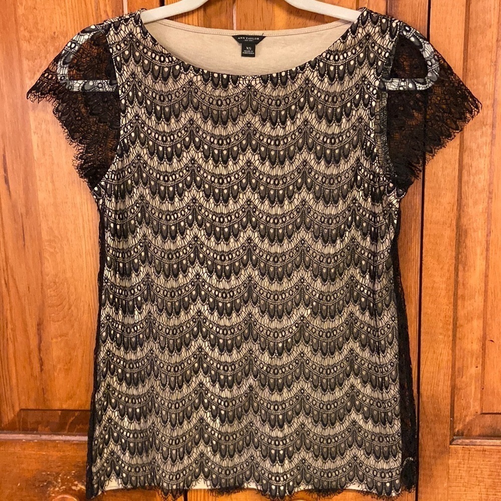 Ann Taylor Knit Cap Sleeve Boat Neck Lace Overlay Top Dress/Career/Layering